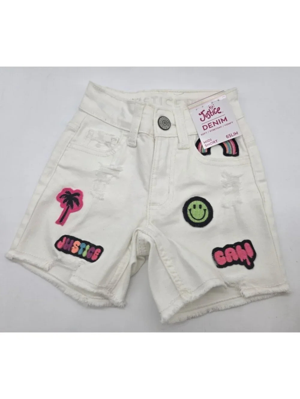 Justice Girl's Childs Shorts Size 6 Slim White Denim Cut Off Patches Midi Short
